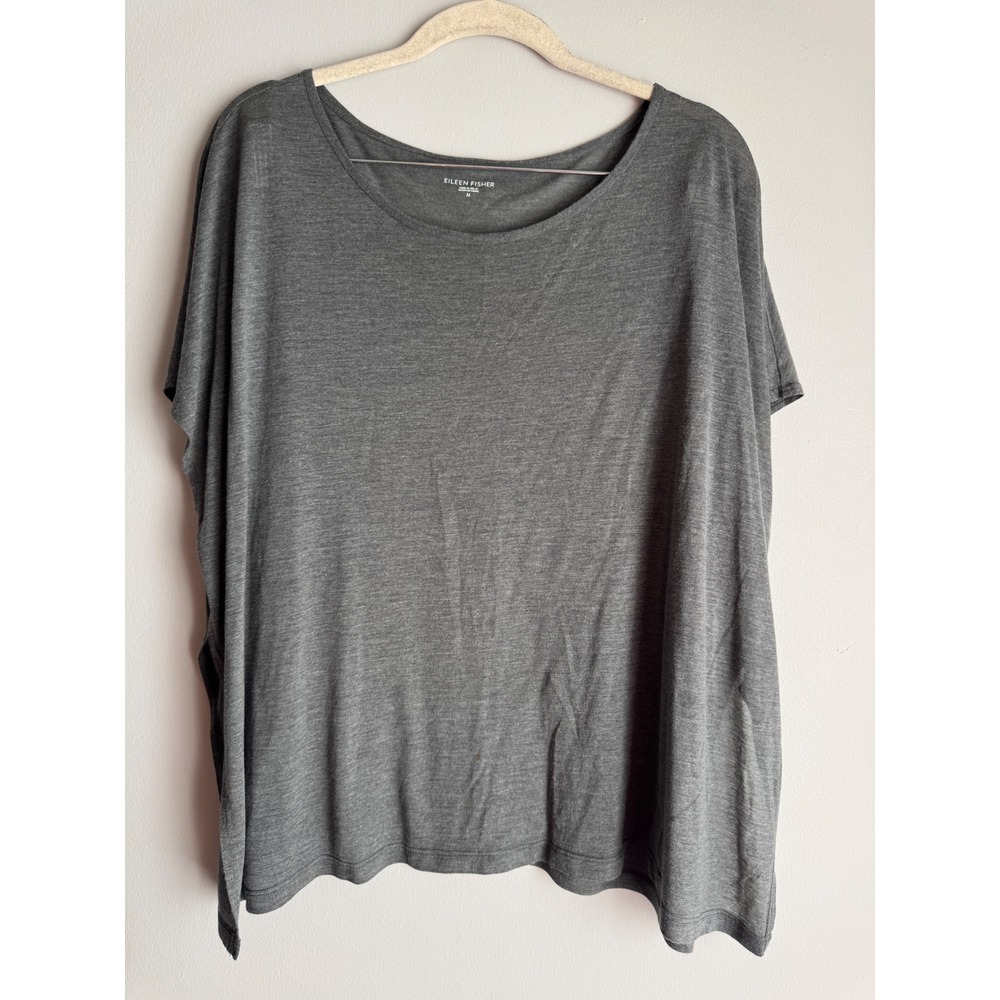 Eileen Fisher Gray Micro Modal Short Sleeve Scoop Neck Boxy Top Medium